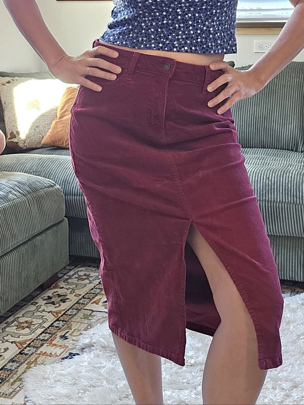 Time and Tru Burgundy Corduroy Midi Skirt – Size 6 | Front Slit | Fall Cottageco